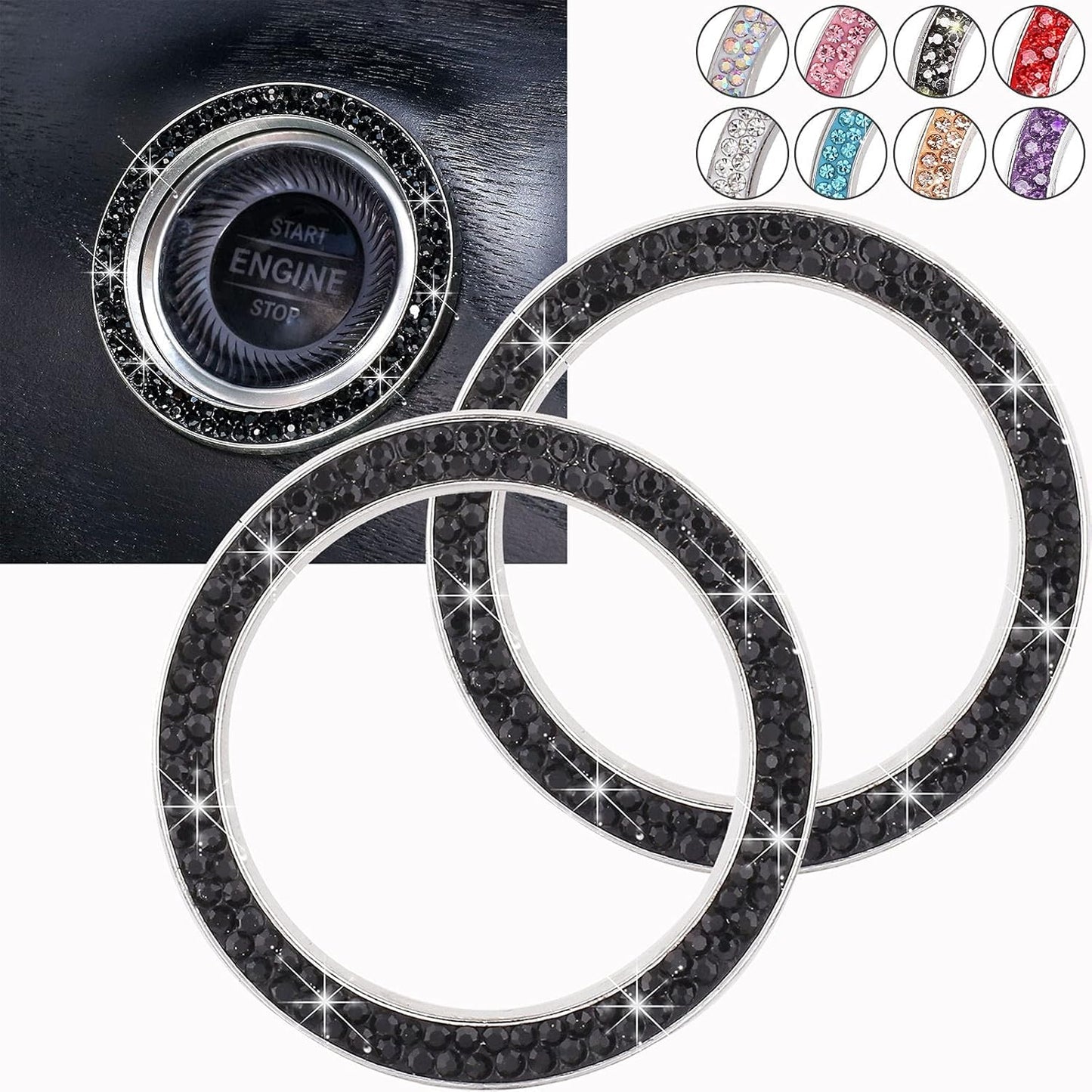 Car Bling Ring Crystal Car Stickers Rings Womens Car Decals,2Pcs Push Start Button Bling Ignition Ring Sticker,Bling Car Interior Accessory for Women,Silver