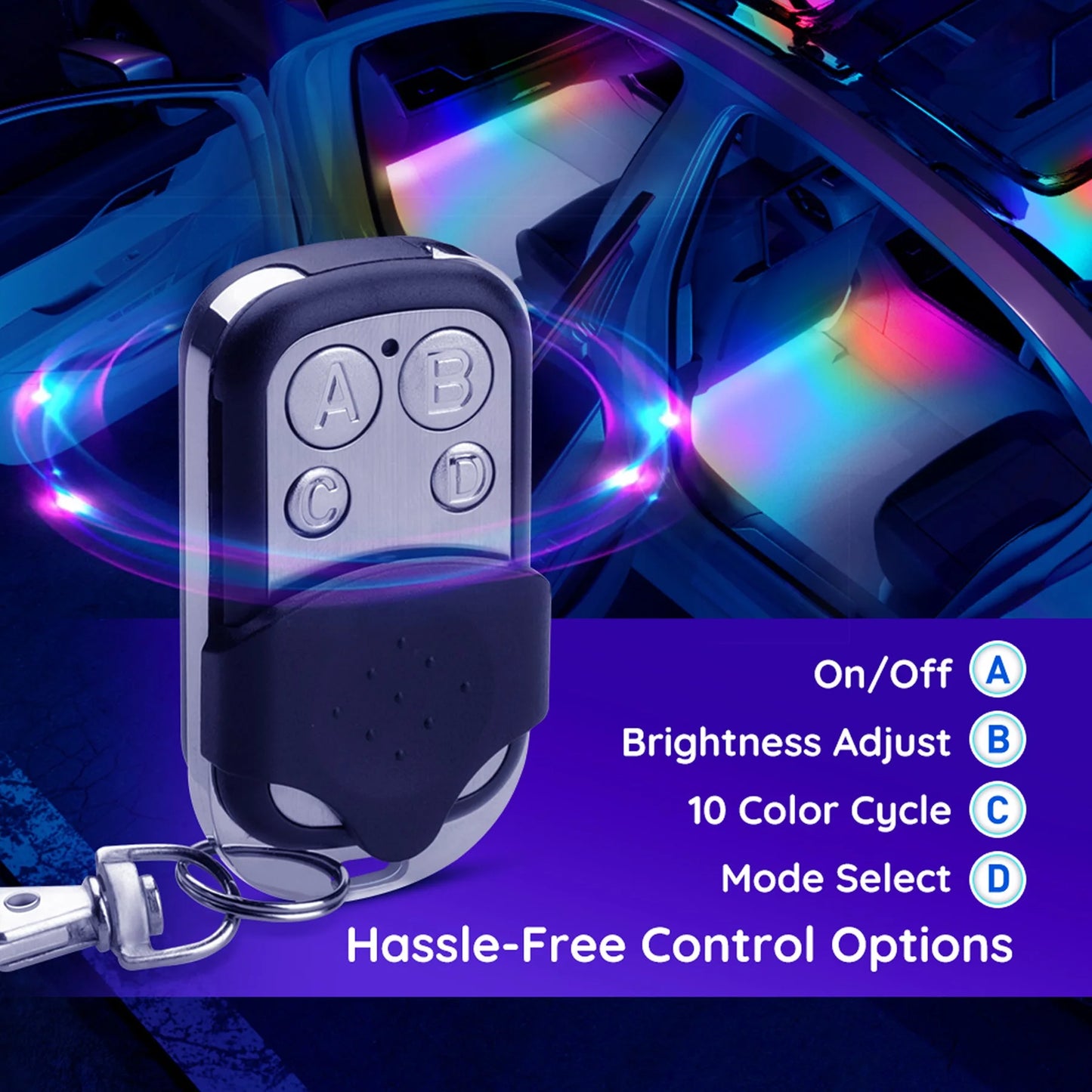 0.98 Ft LED RGBIC Interior Car Lights, Smart Control, 4 Pack, Color Changing
