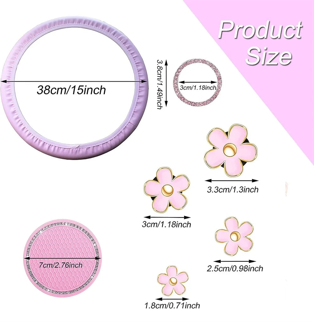 10 Pcs Car Accessories Set,Leather Steering Wheel Cover for Women Cute Car Accessories Set with Seat Belt Shoulder Pads Cup Holders for Women Girl Car Interior Pink Suit
