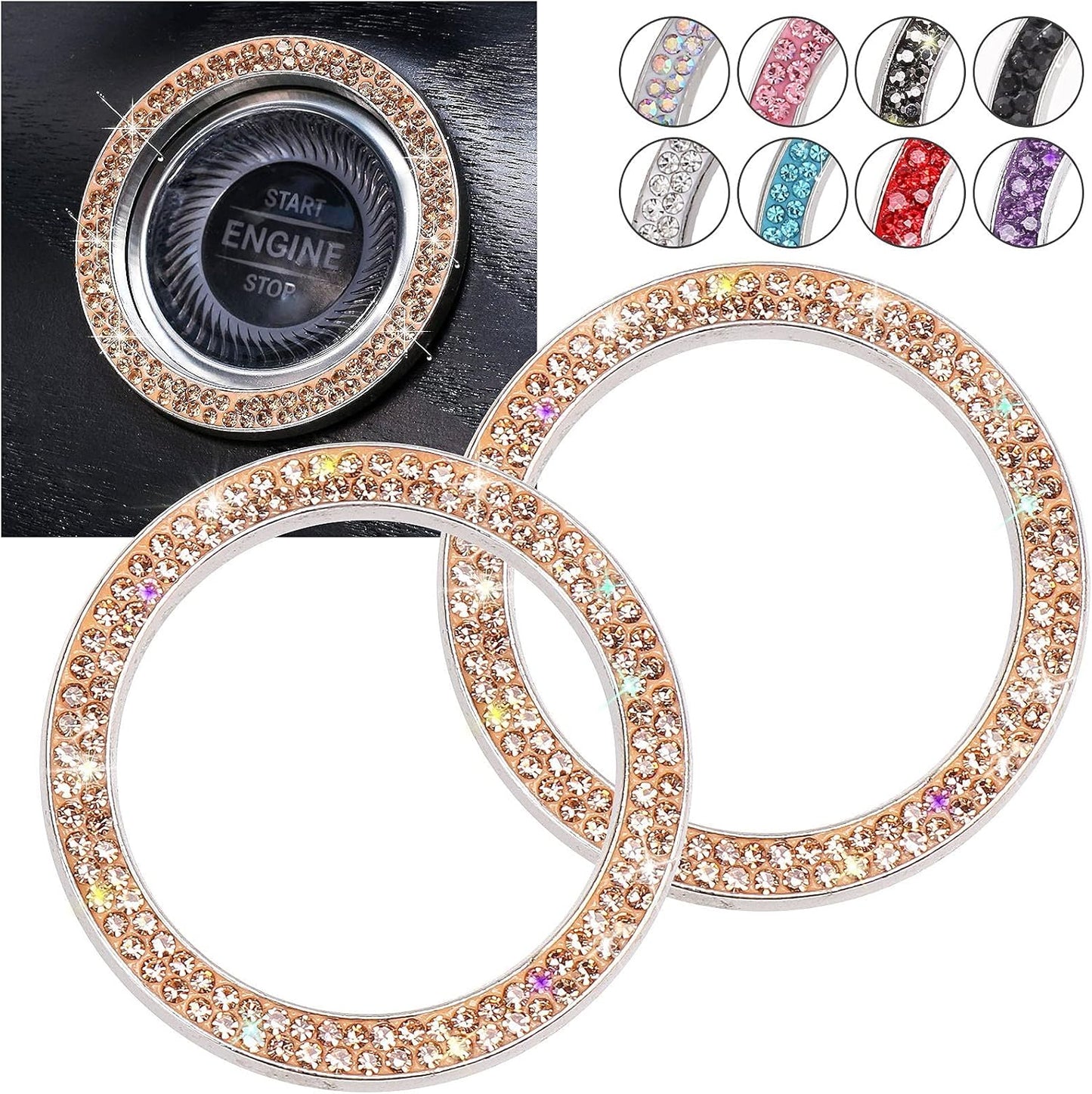 Car Bling Ring Crystal Car Stickers Rings Womens Car Decals,2Pcs Push Start Button Bling Ignition Ring Sticker,Bling Car Interior Accessory for Women,Silver