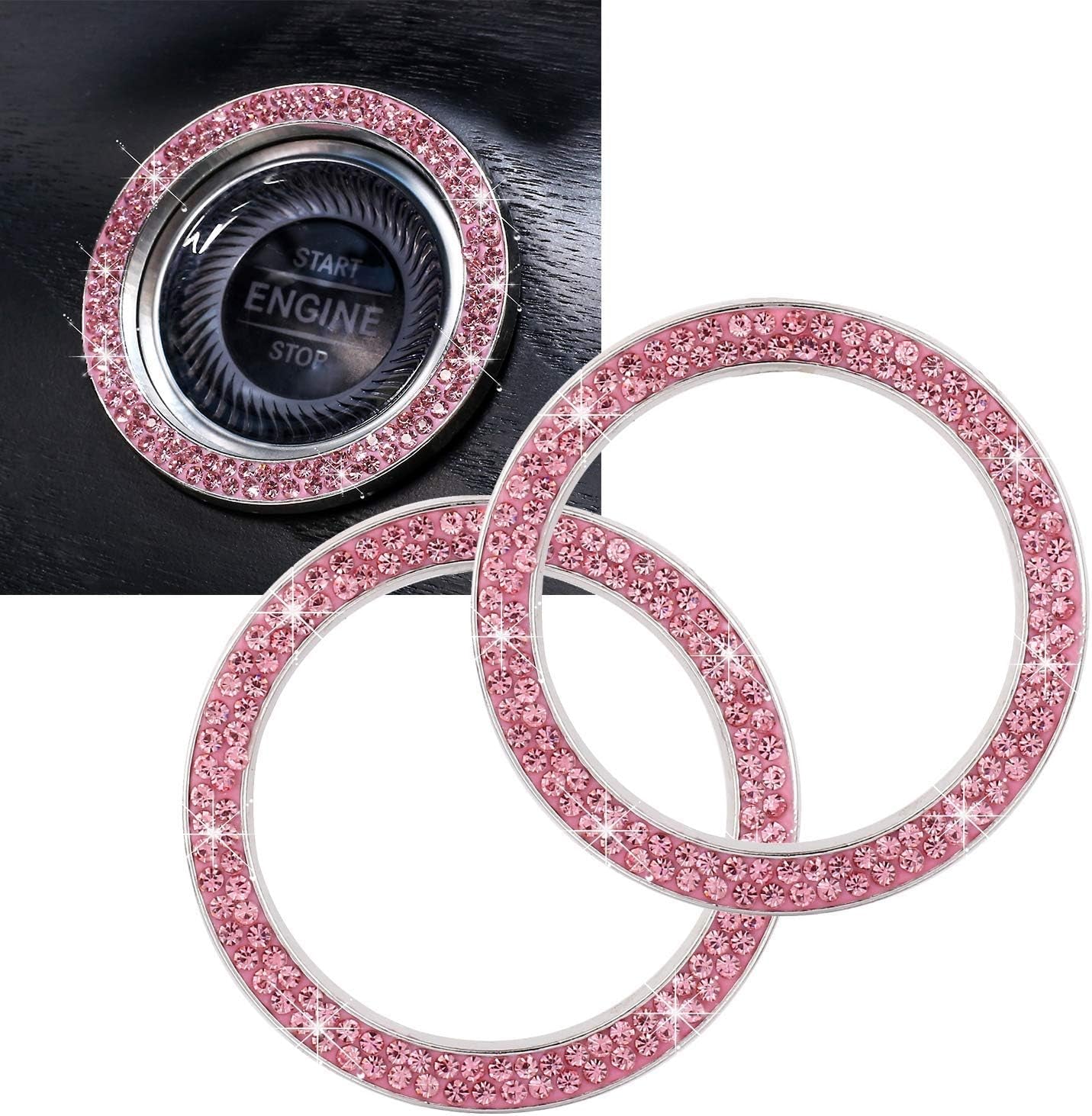 Car Bling Ring Crystal Car Stickers Rings Womens Car Decals,2Pcs Push Start Button Bling Ignition Ring Sticker,Bling Car Interior Accessory for Women,Silver