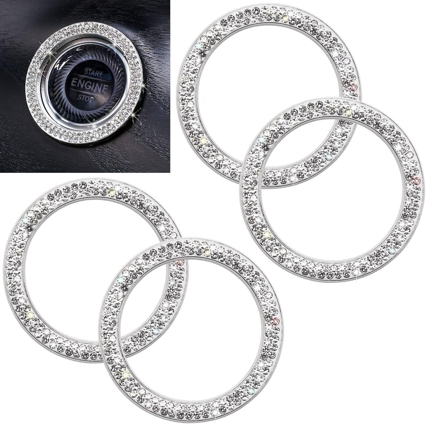 Car Bling Ring Crystal Car Stickers Rings Womens Car Decals,2Pcs Push Start Button Bling Ignition Ring Sticker,Bling Car Interior Accessory for Women,Silver