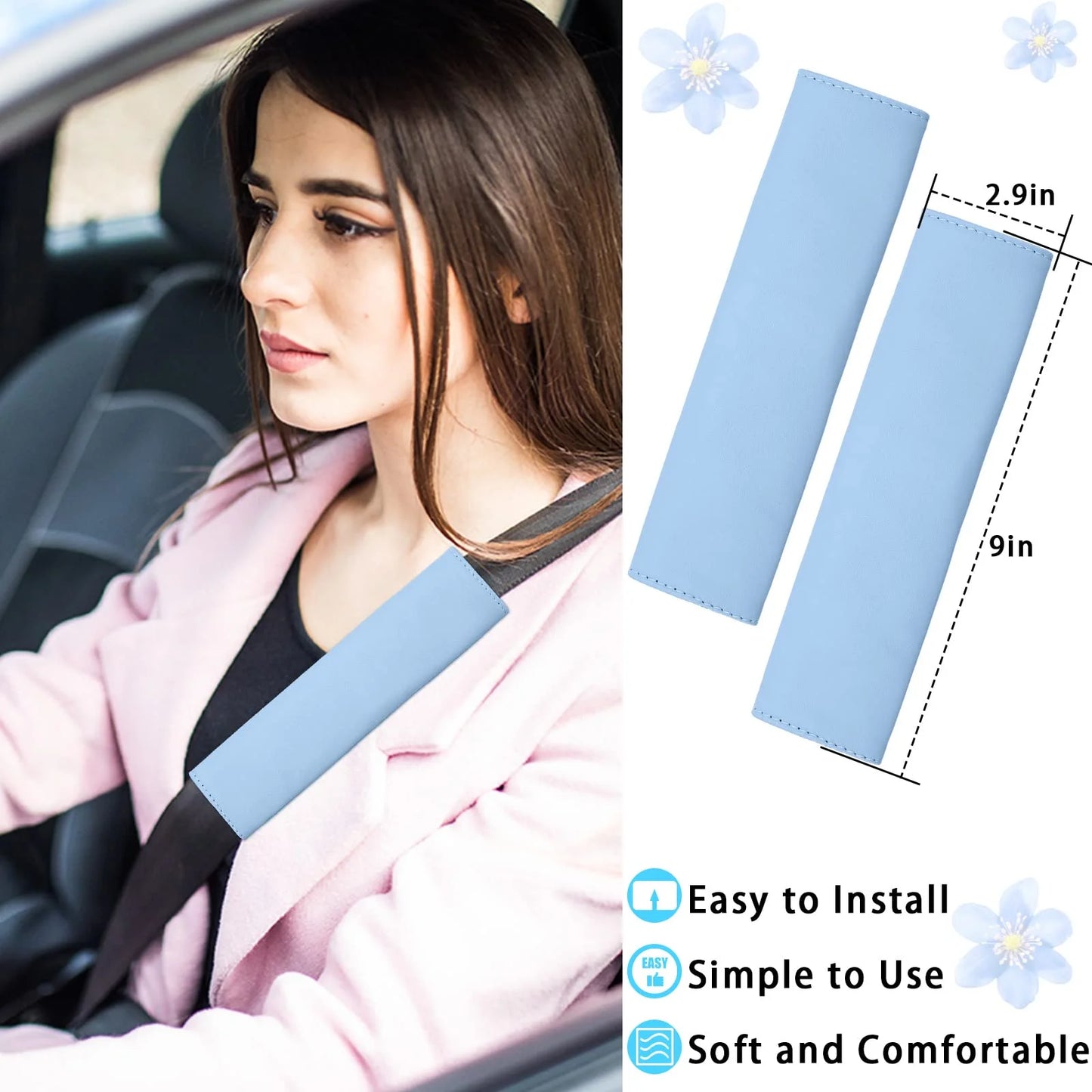 10 PCS Car Accessories Leather Steering Wheel Cover Set, Car Steering Wheel Cover for Women with Seat Belt Pads Cup Holders Start Button, Blue