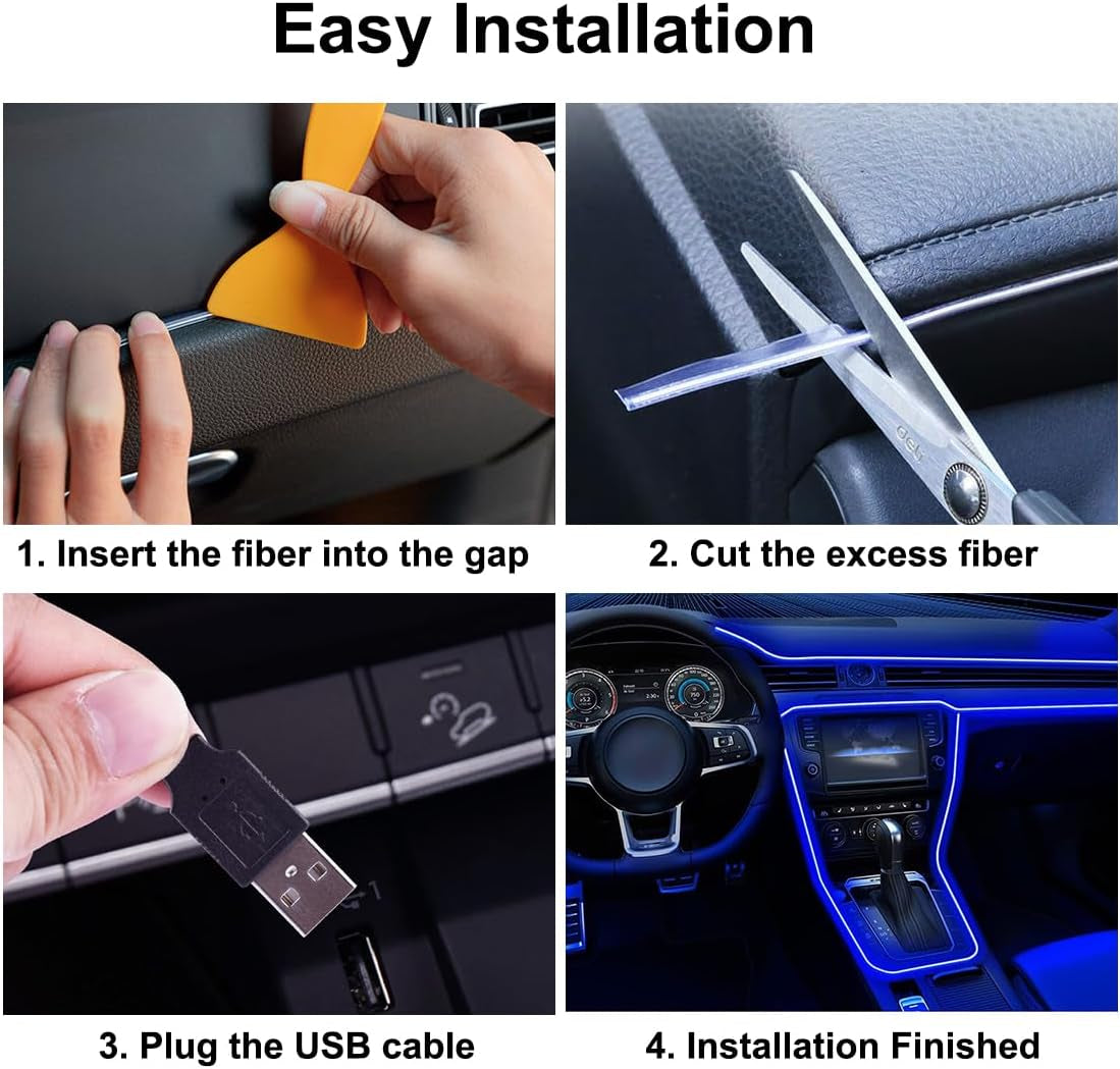EL Wire Interior Car LED Strip Lights, 16.5FT USB Neon Glowing Strobing El Wire Strip with 6Mm Sewing Edge, Ambient Lighting Kits for Car inside Decorations (Blue)