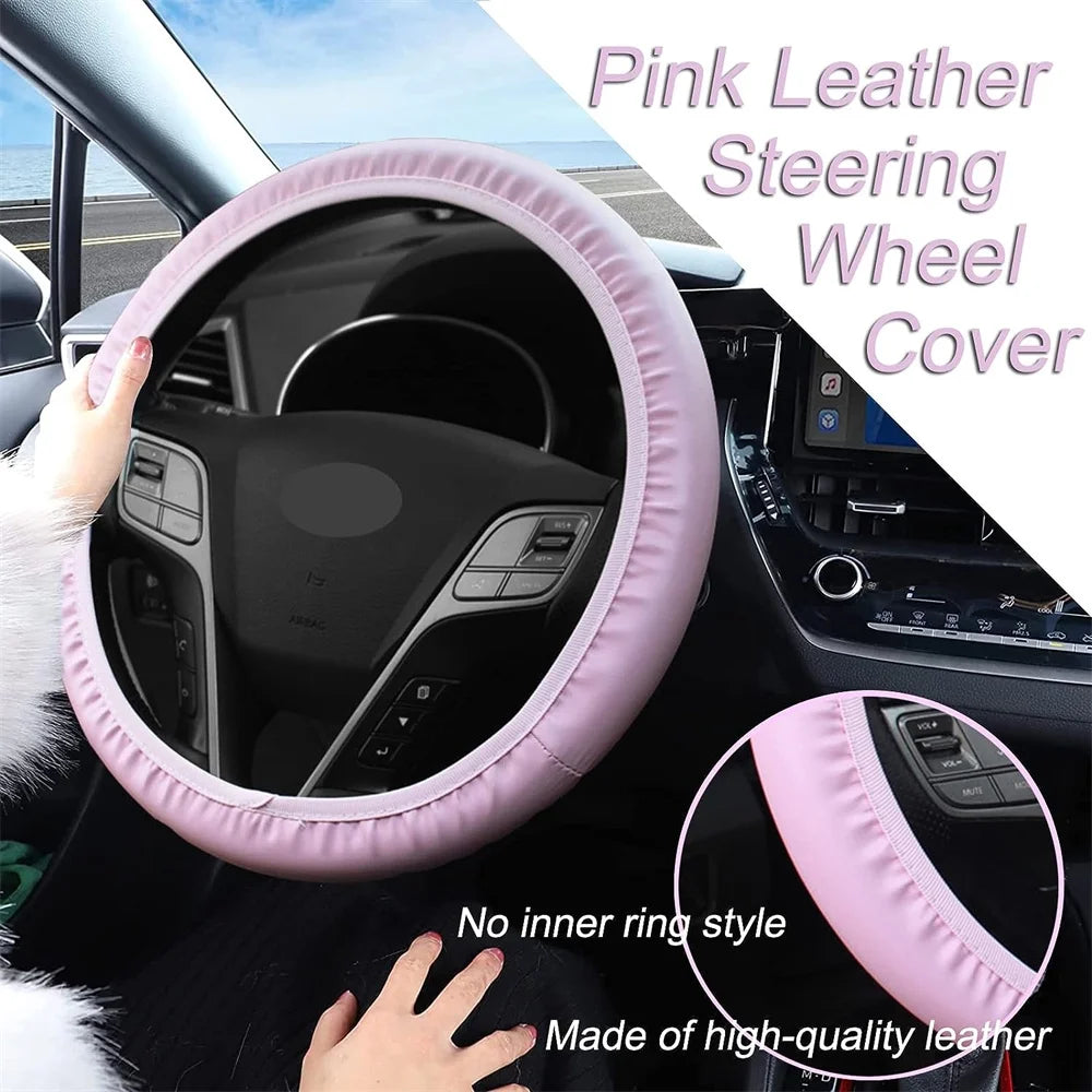 10 Pcs Car Accessories Set,Leather Steering Wheel Cover for Women Cute Car Accessories Set with Seat Belt Shoulder Pads Cup Holders for Women Girl Car Interior Pink Suit