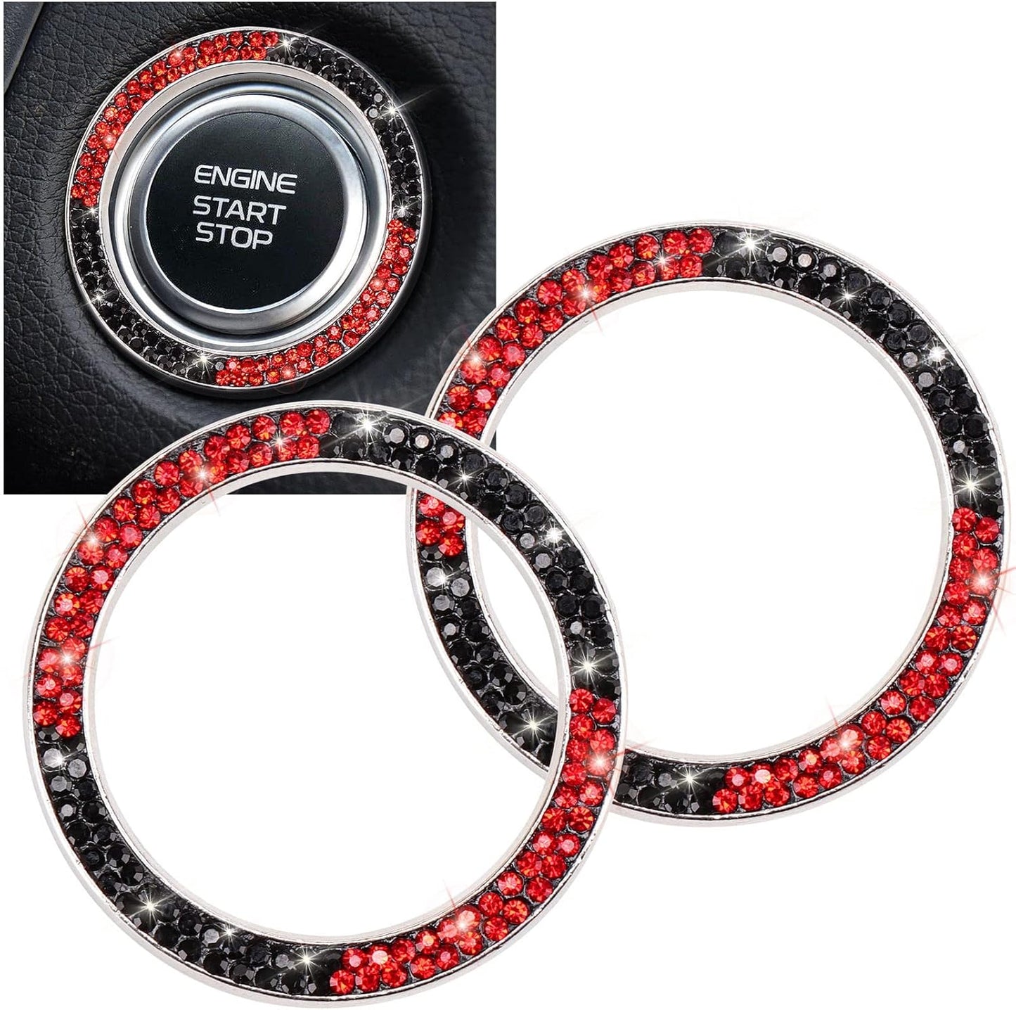 Car Bling Ring Crystal Car Stickers Rings Womens Car Decals,2Pcs Push Start Button Bling Ignition Ring Sticker,Bling Car Interior Accessory for Women,Silver