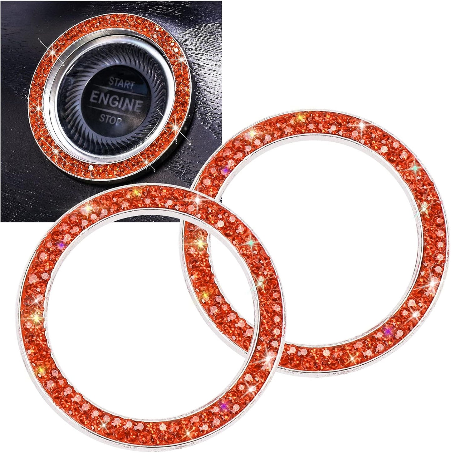 Car Bling Ring Crystal Car Stickers Rings Womens Car Decals,2Pcs Push Start Button Bling Ignition Ring Sticker,Bling Car Interior Accessory for Women,Silver