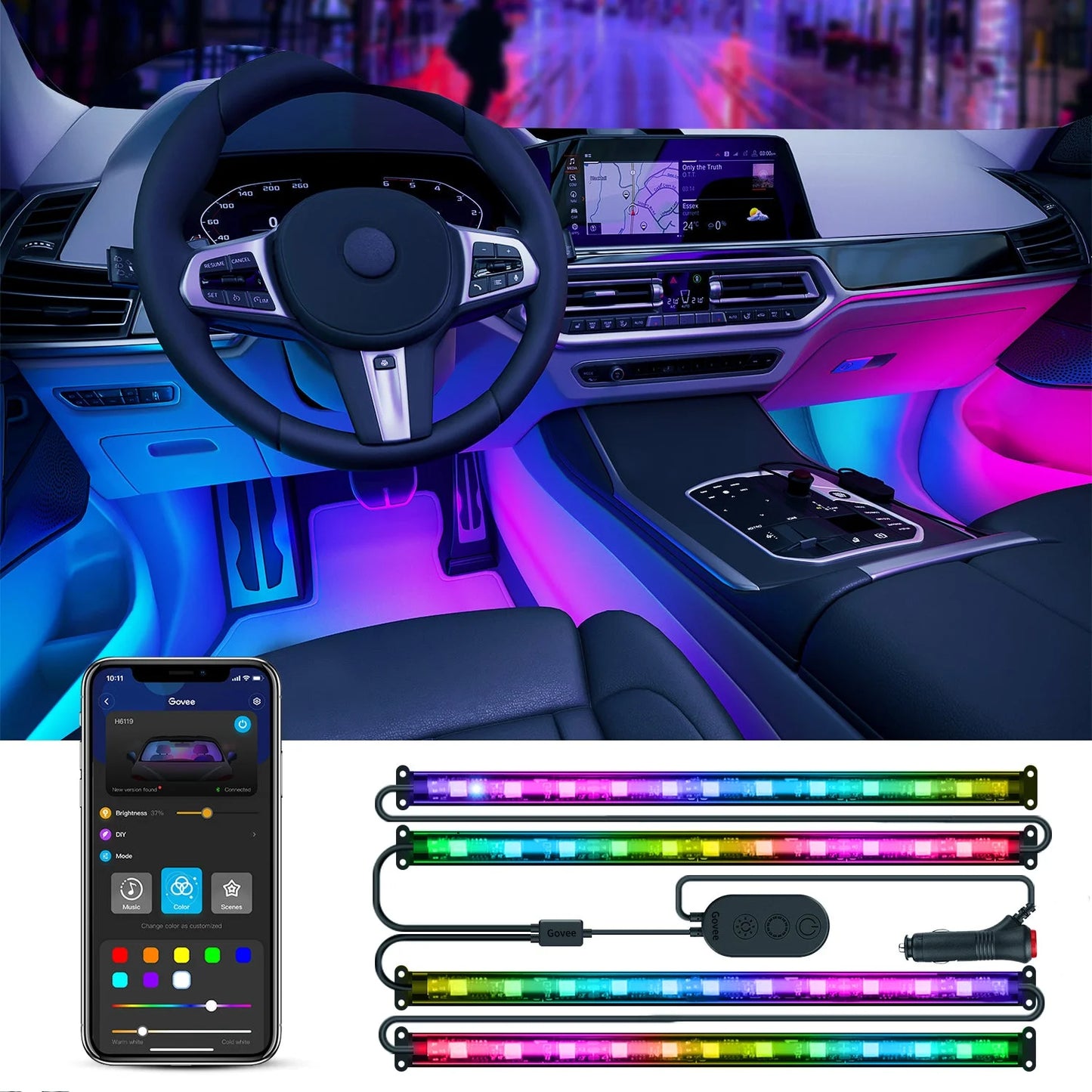 0.98 Ft LED RGBIC Interior Car Lights, Smart Control, 4 Pack, Color Changing