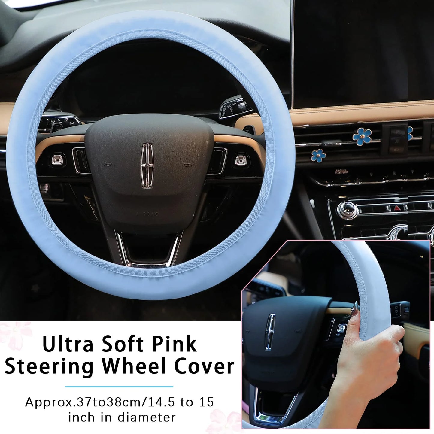 10 PCS Car Accessories Leather Steering Wheel Cover Set, Car Steering Wheel Cover for Women with Seat Belt Pads Cup Holders Start Button, Blue