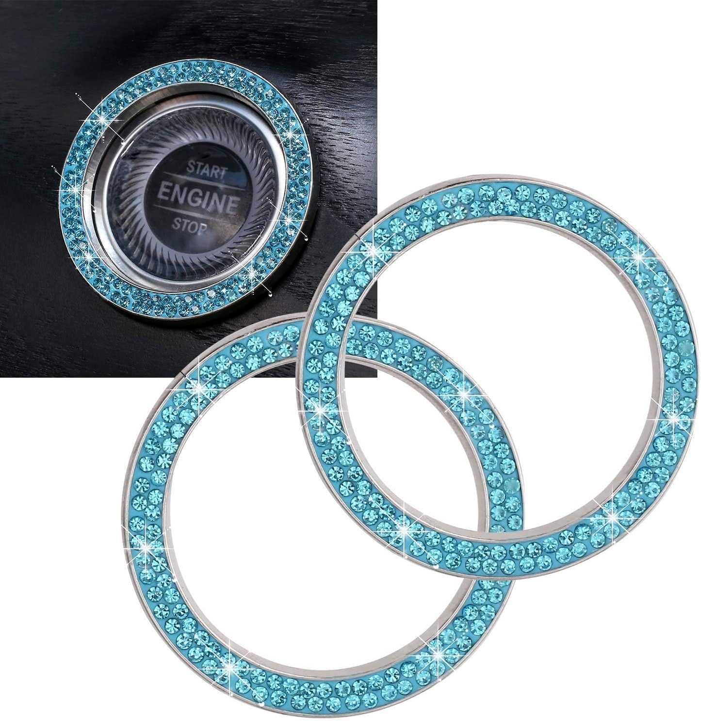 Car Bling Ring Crystal Car Stickers Rings Womens Car Decals,2Pcs Push Start Button Bling Ignition Ring Sticker,Bling Car Interior Accessory for Women,Silver