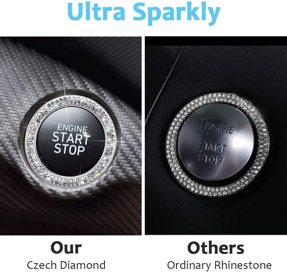 Car Bling Ring Crystal Car Stickers Rings Womens Car Decals,2Pcs Push Start Button Bling Ignition Ring Sticker,Bling Car Interior Accessory for Women,Silver