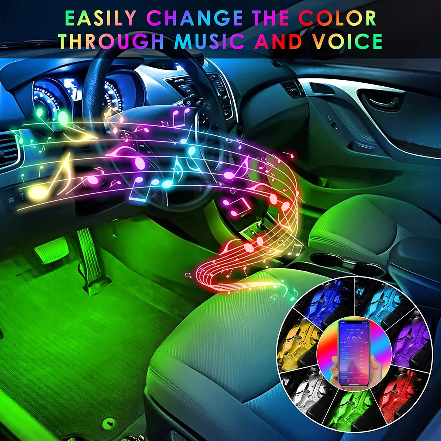 Interior Car Lights, 4 Pcs 48 LED Multi-Color Music Car Lights Strip under Dash Lighting Kit with Sound Active Function & App Control, USB DC 5V