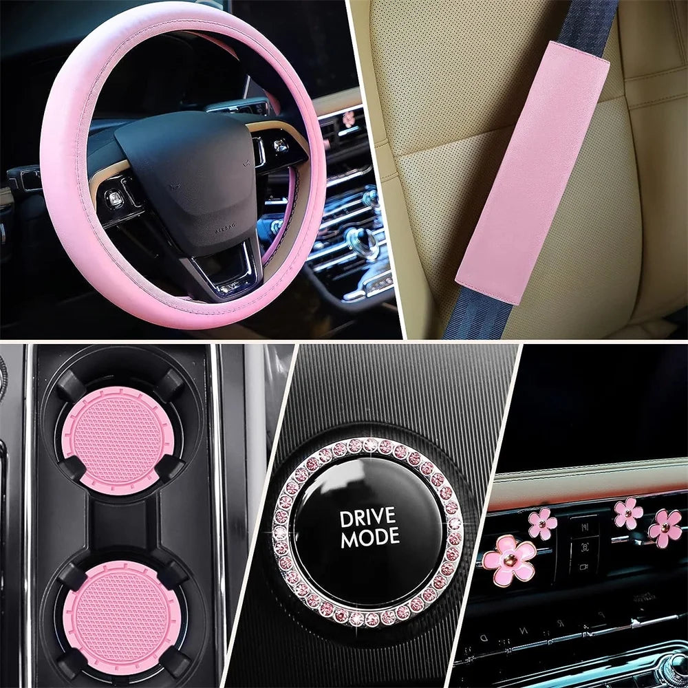 10 Pcs Car Accessories Set,Leather Steering Wheel Cover for Women Cute Car Accessories Set with Seat Belt Shoulder Pads Cup Holders for Women Girl Car Interior Pink Suit