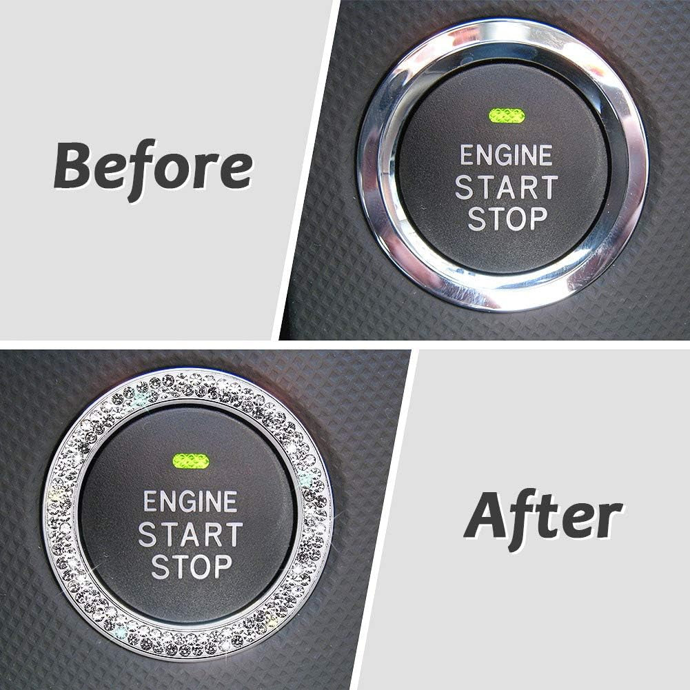 Car Bling Ring Crystal Car Stickers Rings Womens Car Decals,2Pcs Push Start Button Bling Ignition Ring Sticker,Bling Car Interior Accessory for Women,Silver