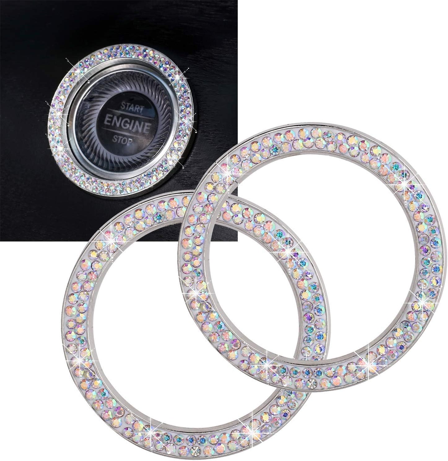 Car Bling Ring Crystal Car Stickers Rings Womens Car Decals,2Pcs Push Start Button Bling Ignition Ring Sticker,Bling Car Interior Accessory for Women,Silver