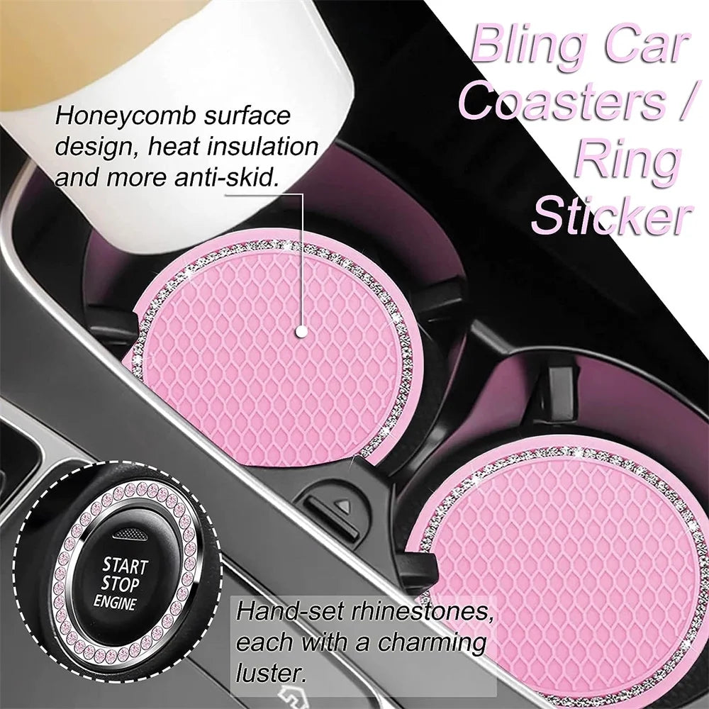 10 Pcs Car Accessories Set,Leather Steering Wheel Cover for Women Cute Car Accessories Set with Seat Belt Shoulder Pads Cup Holders for Women Girl Car Interior Pink Suit