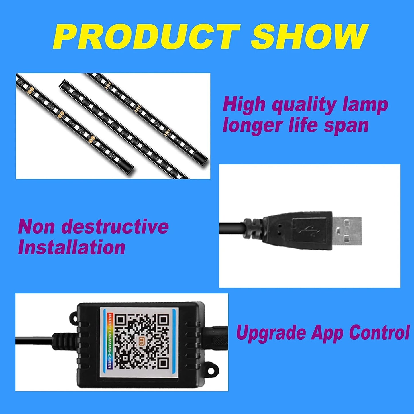 Interior Car Lights, 4 Pcs 48 LED Multi-Color Music Car Lights Strip under Dash Lighting Kit with Sound Active Function & App Control, USB DC 5V