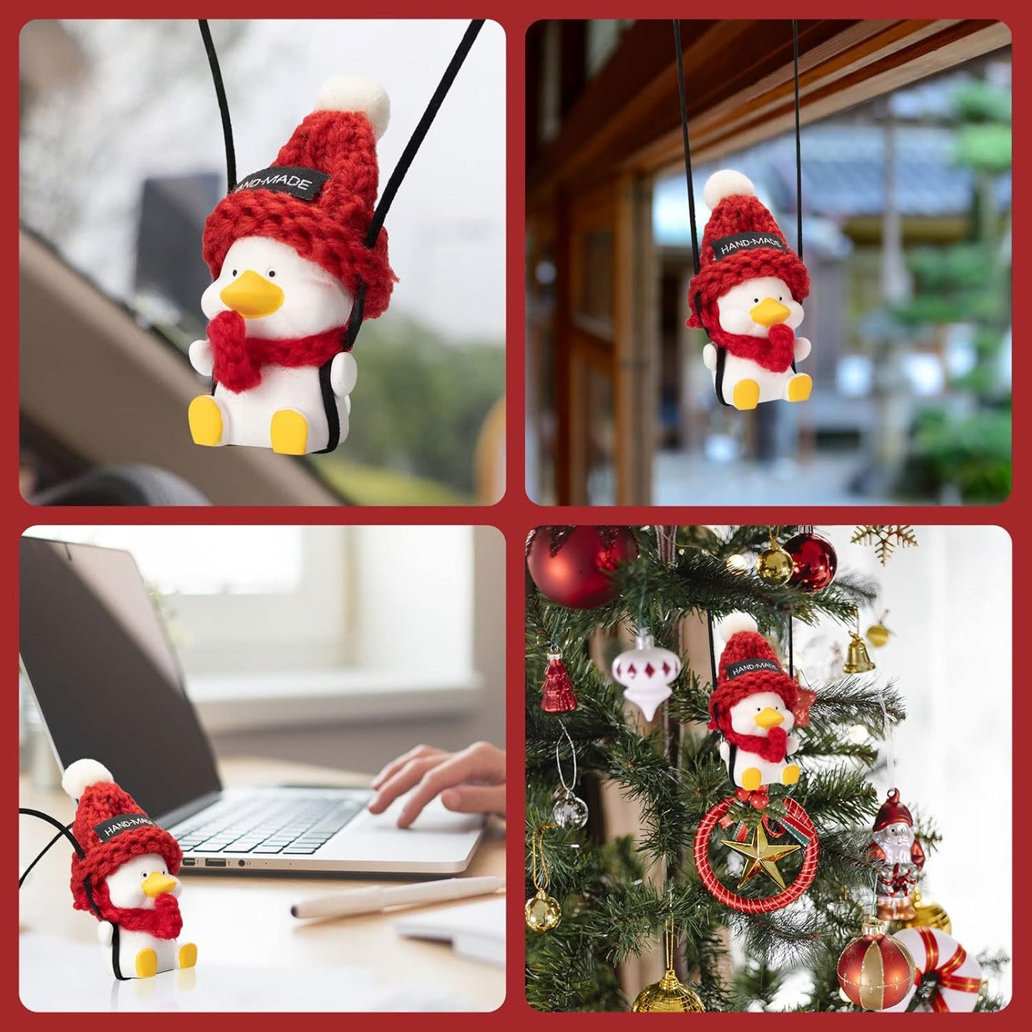 Swinging Duck Car Hanging Ornament Christmas Deor, Cute Swing Duck Car Mirror Hanging Accessories, Hanging Swing Duck Car Pendant with Red Scarf