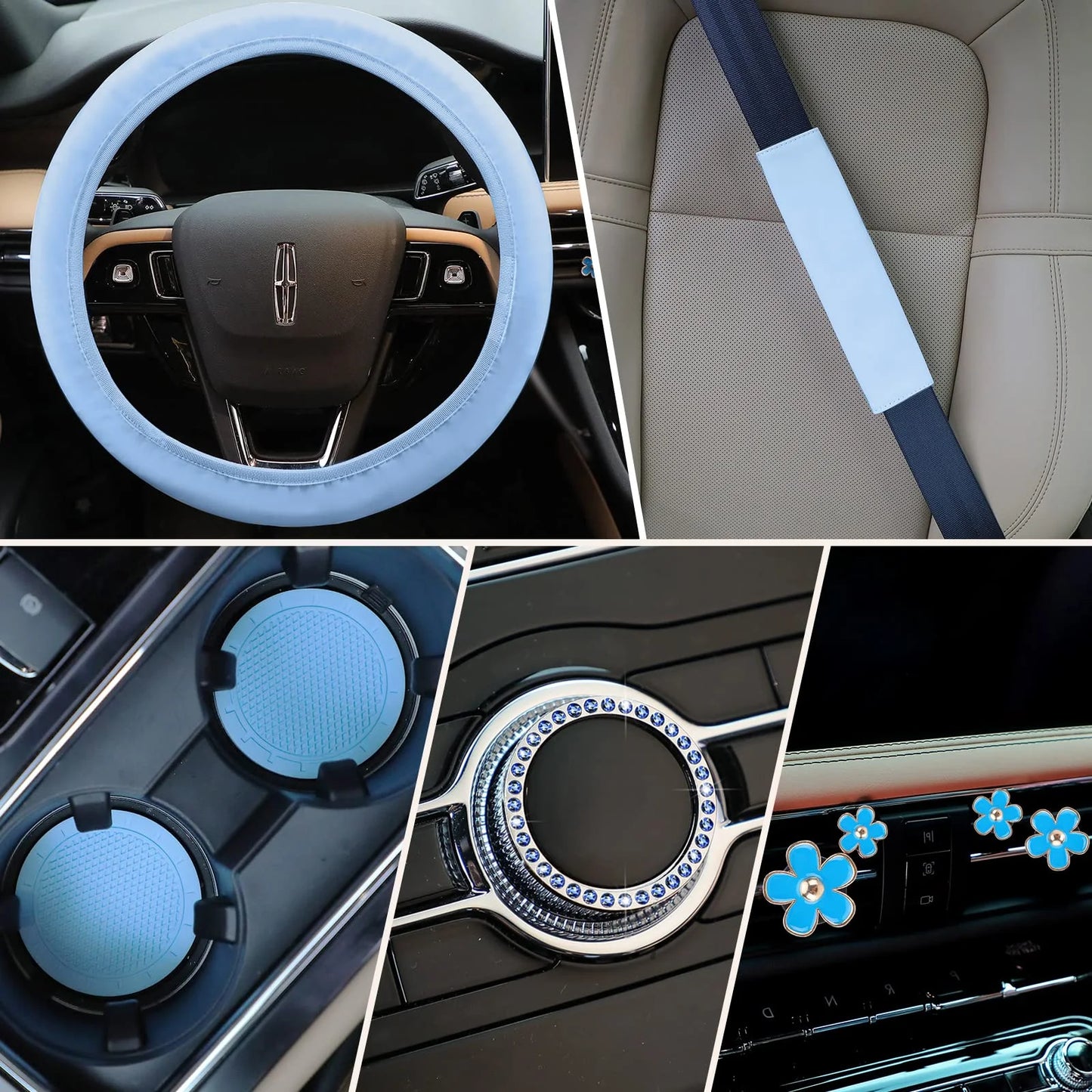 10 PCS Car Accessories Leather Steering Wheel Cover Set, Car Steering Wheel Cover for Women with Seat Belt Pads Cup Holders Start Button, Blue