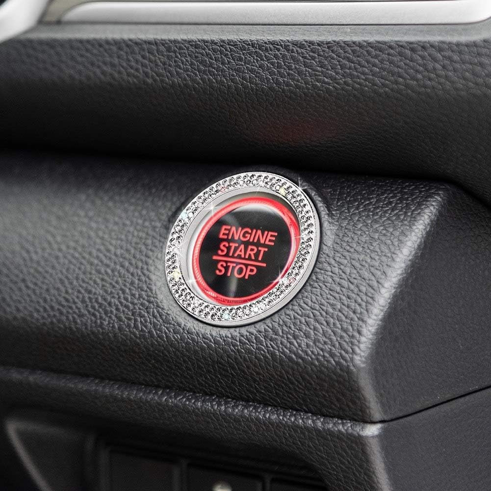 Car Bling Ring Crystal Car Stickers Rings Womens Car Decals,2Pcs Push Start Button Bling Ignition Ring Sticker,Bling Car Interior Accessory for Women,Silver