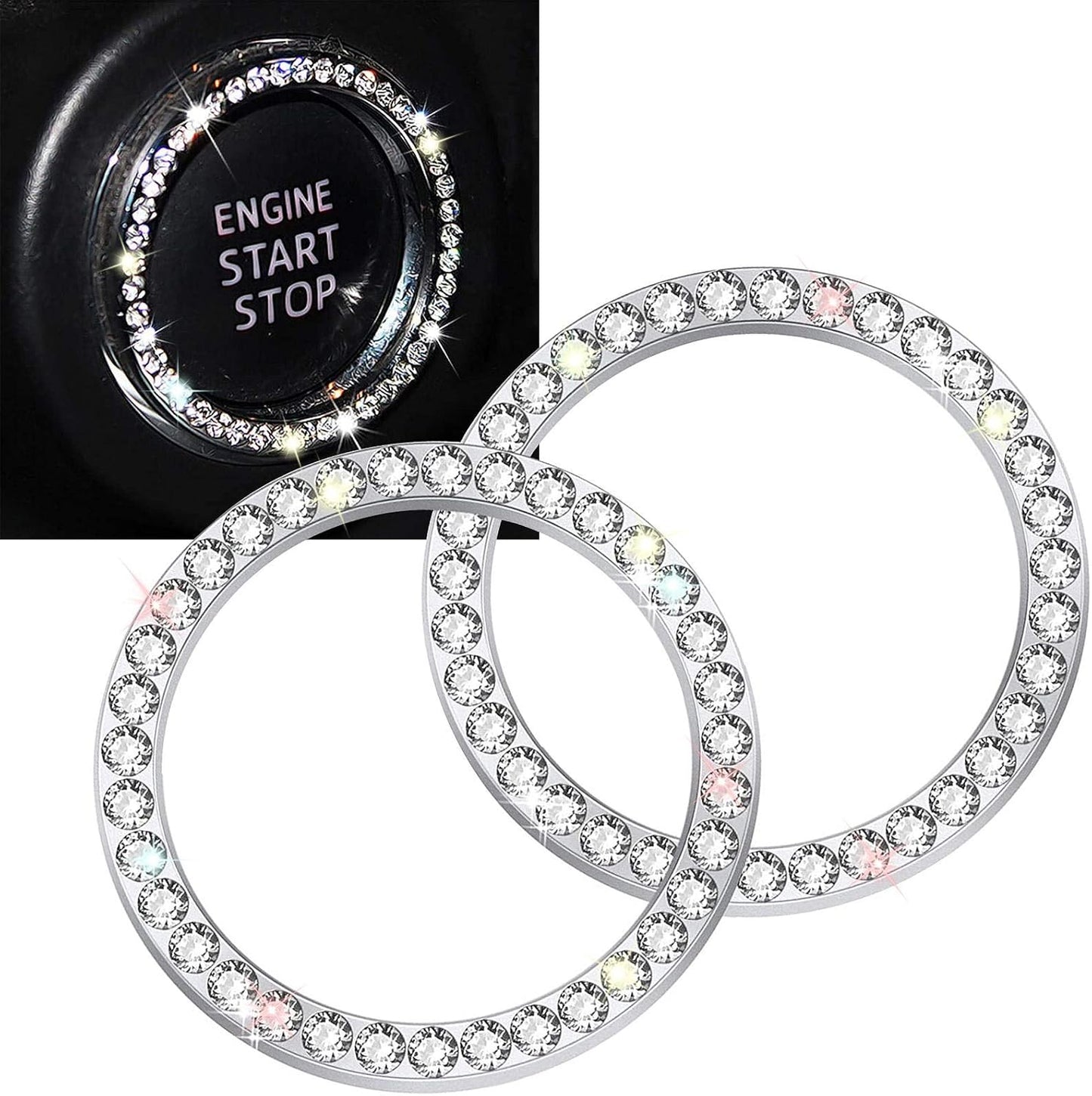 Car Bling Ring Crystal Car Stickers Rings Womens Car Decals,2Pcs Push Start Button Bling Ignition Ring Sticker,Bling Car Interior Accessory for Women,Silver