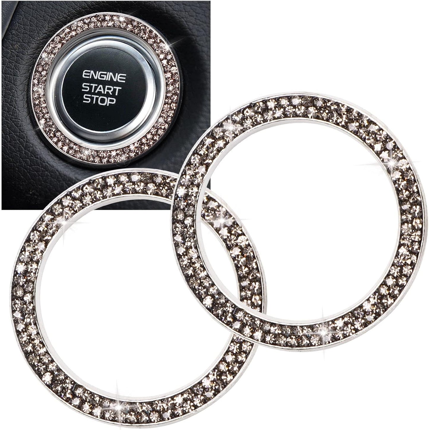 Car Bling Ring Crystal Car Stickers Rings Womens Car Decals,2Pcs Push Start Button Bling Ignition Ring Sticker,Bling Car Interior Accessory for Women,Silver