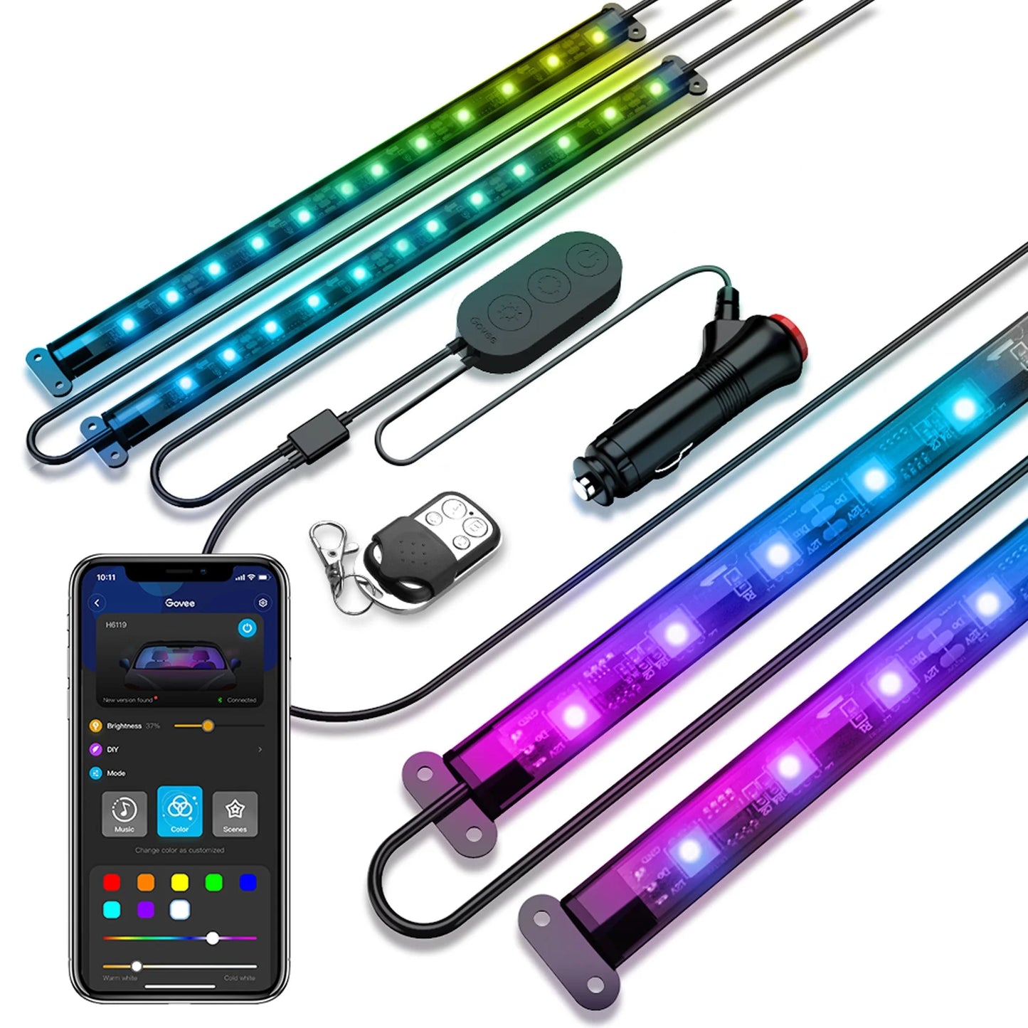 0.98 Ft LED RGBIC Interior Car Lights, Smart Control, 4 Pack, Color Changing