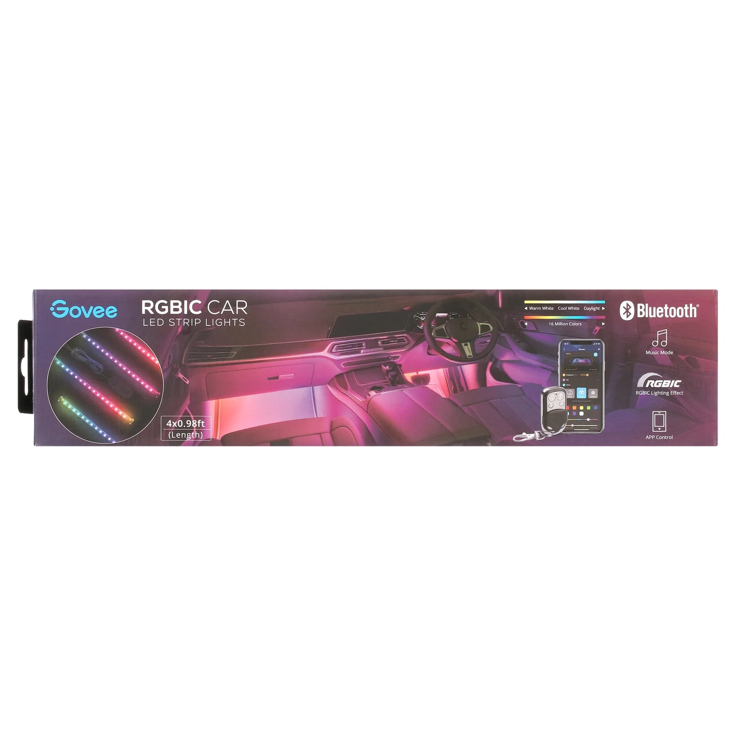 0.98 Ft LED RGBIC Interior Car Lights, Smart Control, 4 Pack, Color Changing