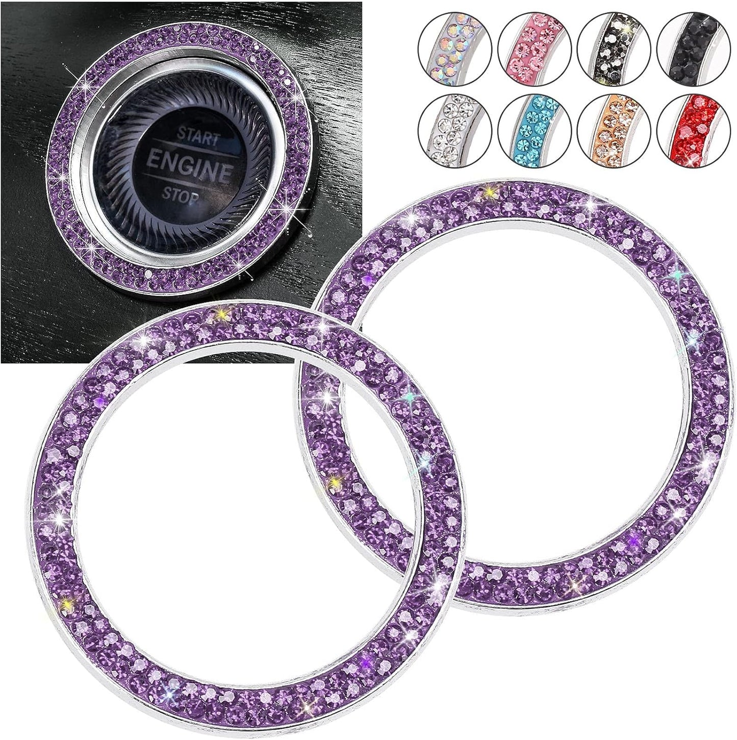Car Bling Ring Crystal Car Stickers Rings Womens Car Decals,2Pcs Push Start Button Bling Ignition Ring Sticker,Bling Car Interior Accessory for Women,Silver