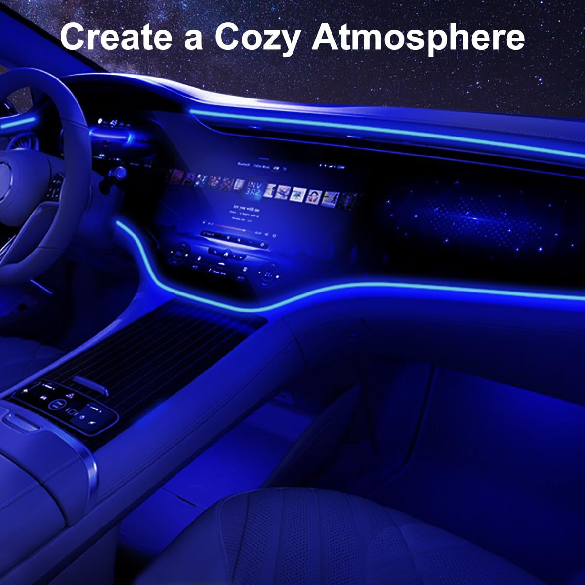 EL Wire Interior Car LED Strip Lights, 16.5FT USB Neon Glowing Strobing El Wire Strip with 6Mm Sewing Edge, Ambient Lighting Kits for Car inside Decorations (Blue)