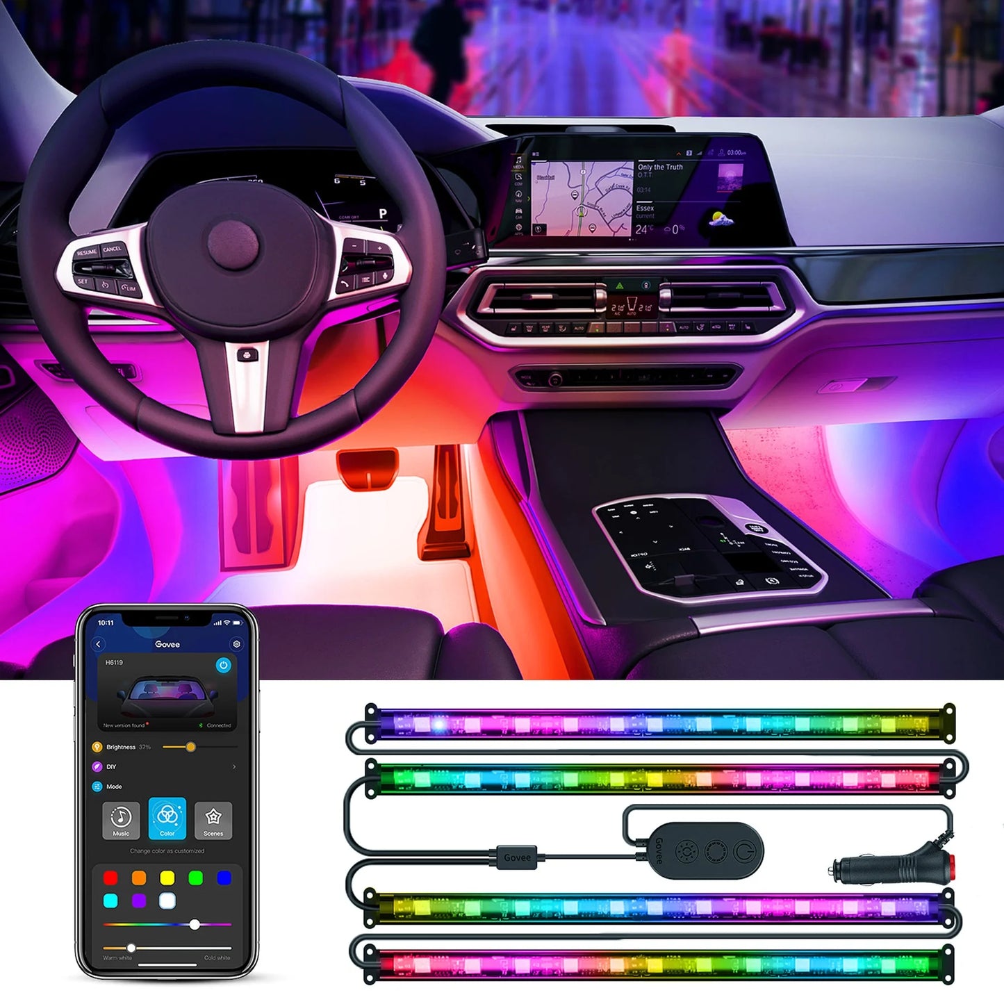 0.98 Ft LED RGBIC Interior Car Lights, Smart Control, 4 Pack, Color Changing