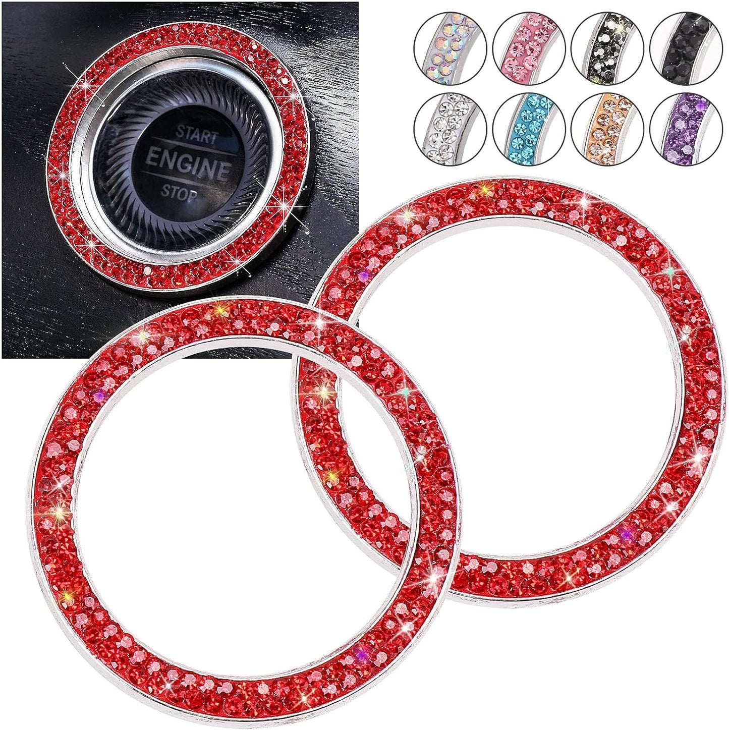 Car Bling Ring Crystal Car Stickers Rings Womens Car Decals,2Pcs Push Start Button Bling Ignition Ring Sticker,Bling Car Interior Accessory for Women,Silver