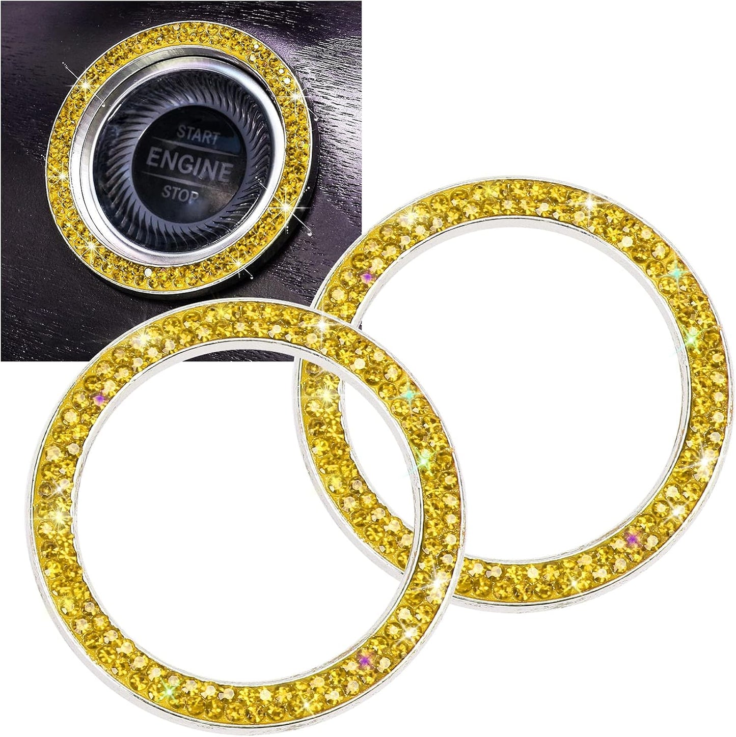 Car Bling Ring Crystal Car Stickers Rings Womens Car Decals,2Pcs Push Start Button Bling Ignition Ring Sticker,Bling Car Interior Accessory for Women,Silver