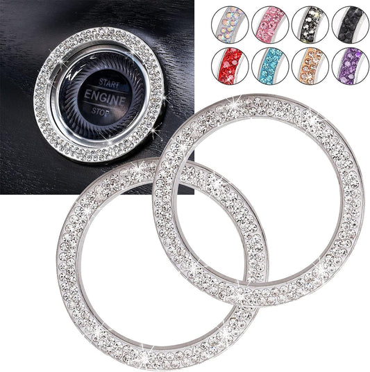 Car Bling Ring Crystal Car Stickers Rings Womens Car Decals,2Pcs Push Start Button Bling Ignition Ring Sticker,Bling Car Interior Accessory for Women,Silver