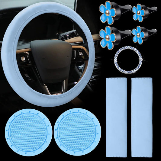 10 PCS Car Accessories Leather Steering Wheel Cover Set, Car Steering Wheel Cover for Women with Seat Belt Pads Cup Holders Start Button, Blue