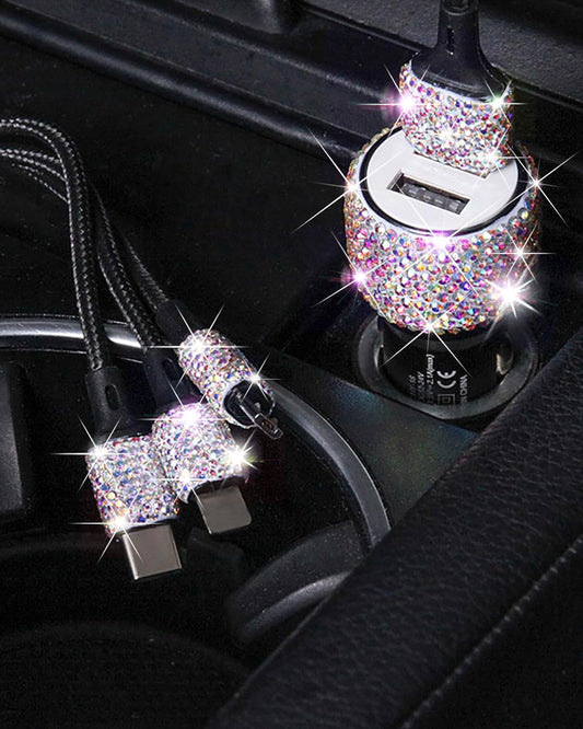 Bling USB Car Charger 5V 2.4A Multicolor Crystal Decor Dual Port Fast Adapter with 4Ft Nylon Type C Micro USB 3 in 1 Multi Charging Cable for Iphone Ipad Android, Auto Interior Accessories for Women