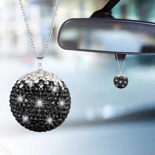 Bling Crystal Ball for Car Rear View Mirror Decoration, Rhinestone Hanging Ornament for Home Decor Charm Crystal Pendant Bling Car Accessories for Girl (Black White)