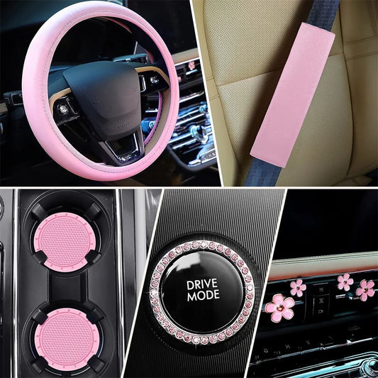 10 Pcs Car Accessories Set,Leather Steering Wheel Cover for Women Cute Car Accessories Set with Seat Belt Shoulder Pads Cup Holders for Women Girl Car Interior Pink Suit