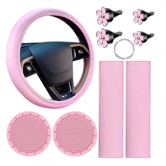 10 Pcs Car Accessories Set,Leather Steering Wheel Cover for Women Cute Car Accessories Set with Seat Belt Shoulder Pads Cup Holders for Women Girl Car Interior Pink Suit