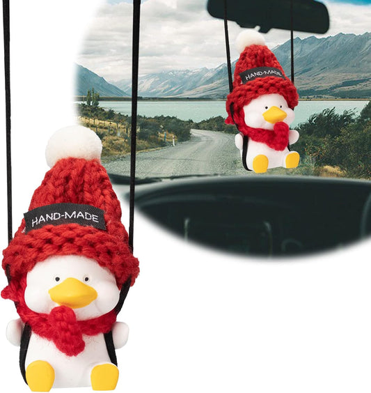 Swinging Duck Car Hanging Ornament Christmas Deor, Cute Swing Duck Car Mirror Hanging Accessories, Hanging Swing Duck Car Pendant with Red Scarf